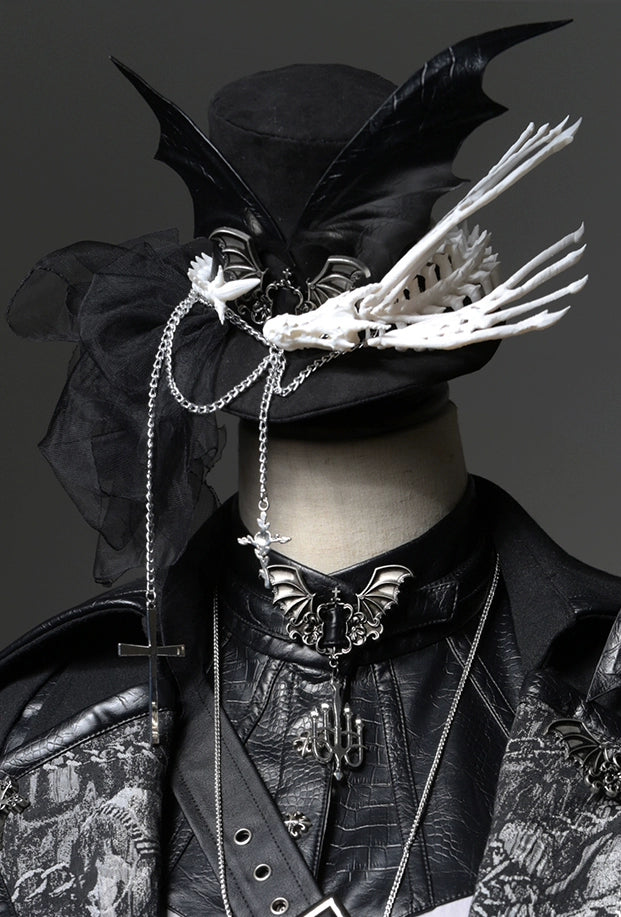 (BFM)LilithHouse~WYRM Breath~Gothic Lolita Top Hat Dragon Wing Suede Small size top hat (black) - with a dragon bone  