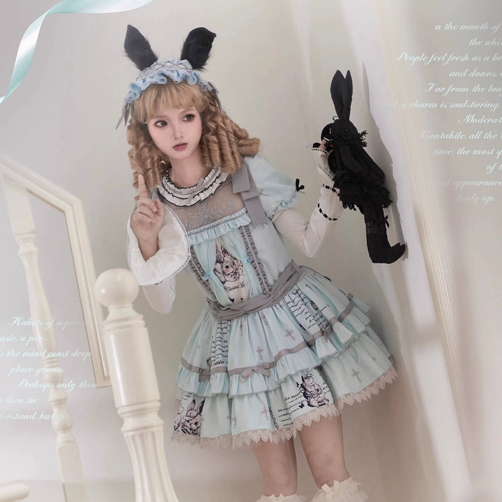 Honey Machine~Doll Theater~Sweet Lolita OP/JSK Bunny Print Daily Lolita Dress   