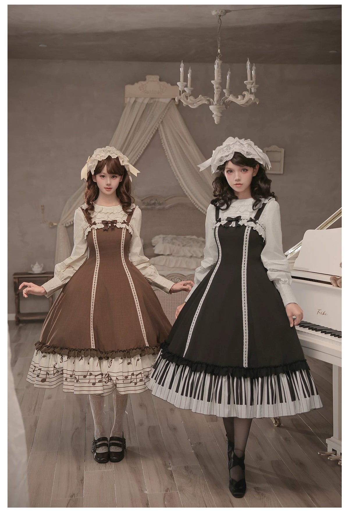 Solo Moment - Classic Lolita JSK & Blouse Dress Set, Piano Keys Print 45940:869028