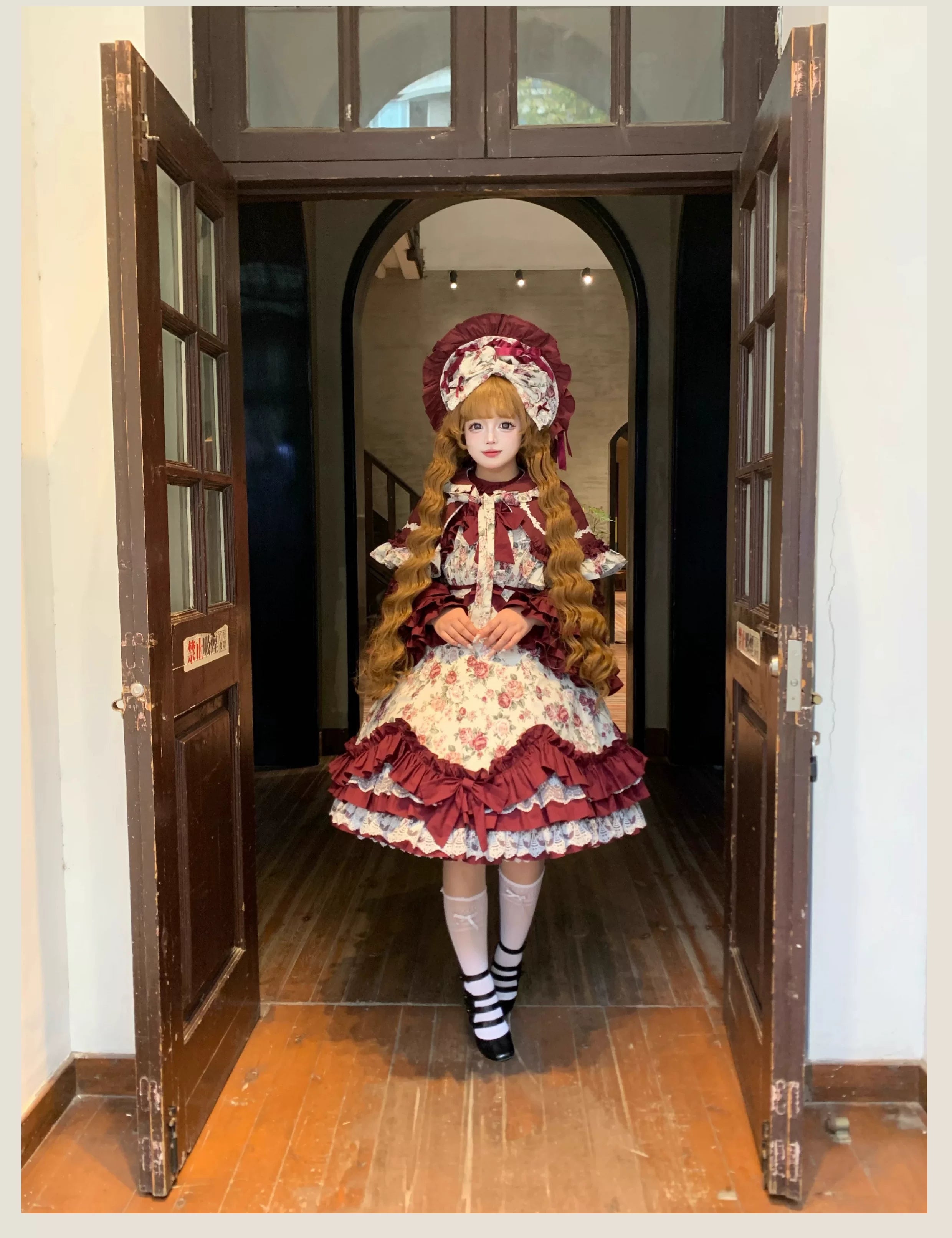 Burgundy Rose - Floral Printed Old School Lolita JSK, Elegant Cape