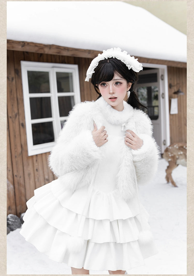 With PUJI - White Choco - Winter Kawaii Lolita JSK Dress Set, Fluffy Accents 44246:801086