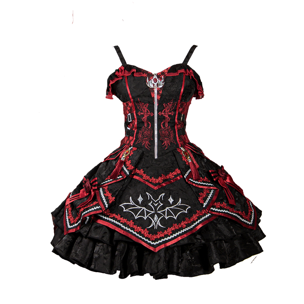 (Buyforme)Gothic Lolita Black and Red Bat JSK Dress S black with red 