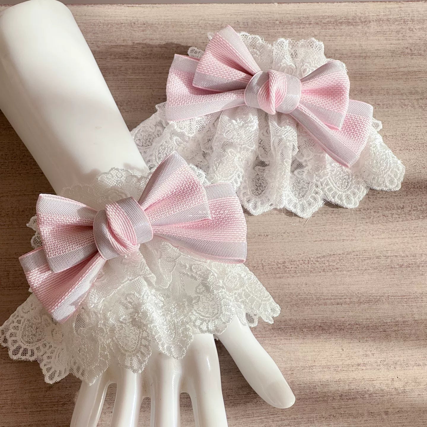 Wedding Sweet Lolita Accessories, Dramatic Bows Pink Cuffs (pair)