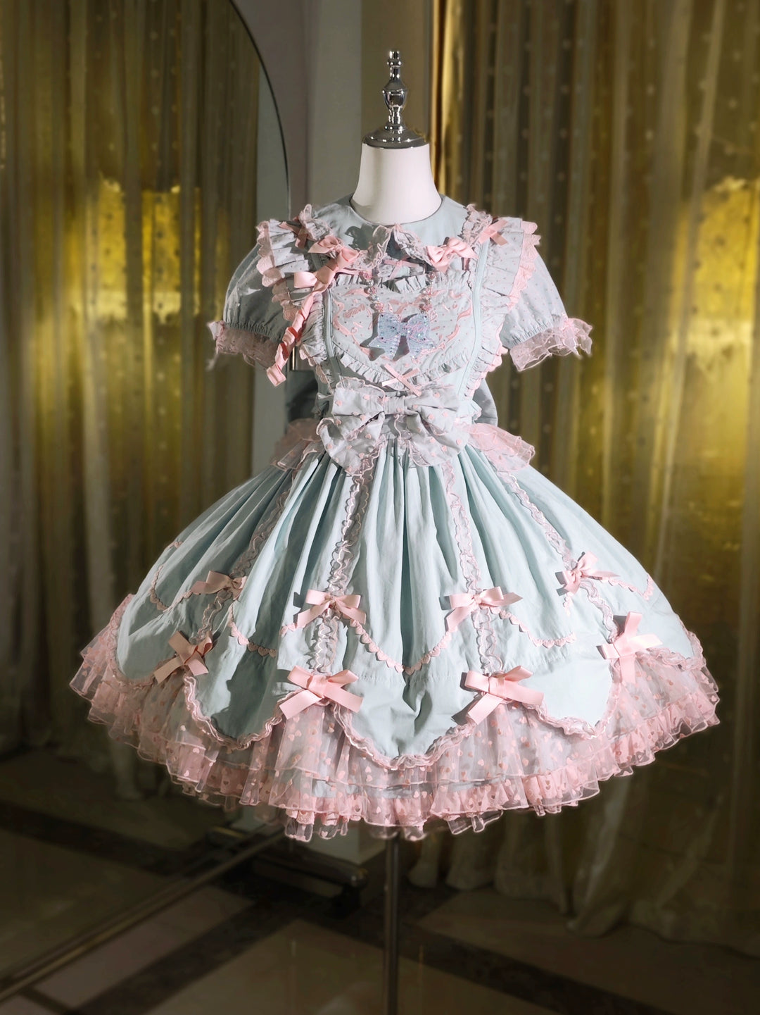 (BFM)The Seventh Doll~Sweet Diary SP~Vintage Lolita Jumper Dress Petal-like Hem JSK Headdress Set S blue-green JSK 