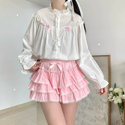 Sugar Girl~Kawaii Lolita Blouse Long Sleeve Bow Summer Shirt Pink Skirt Pink skirt Free size 