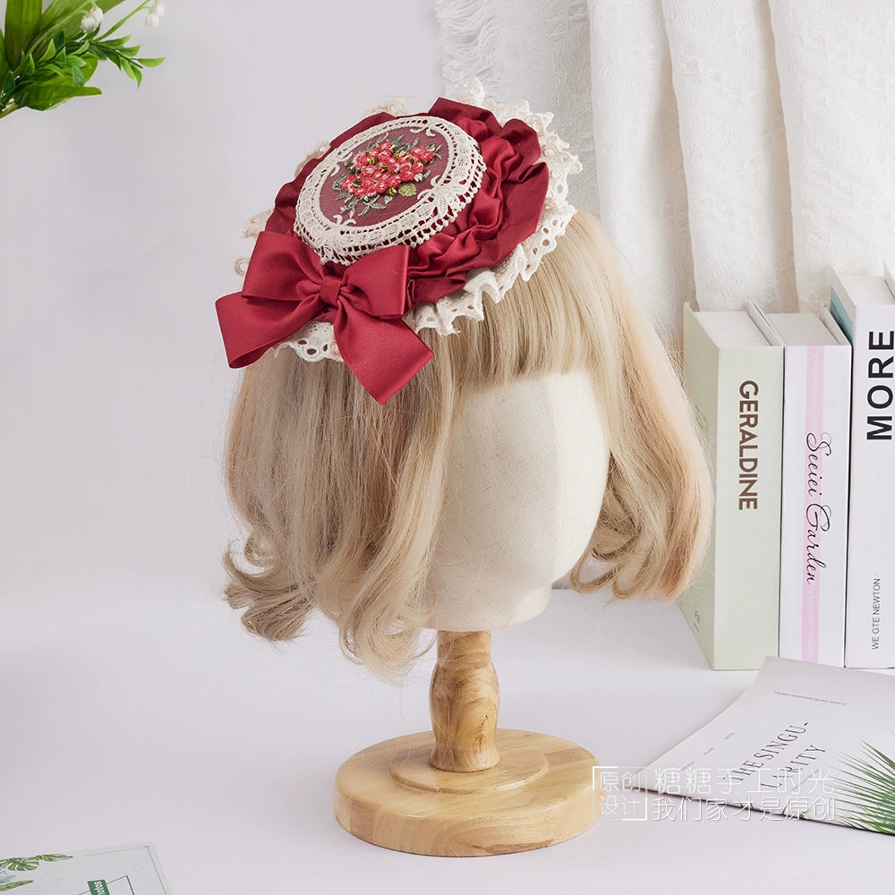 Sugar Time - Sweet Lolita Top Hat, Floral Embroidery