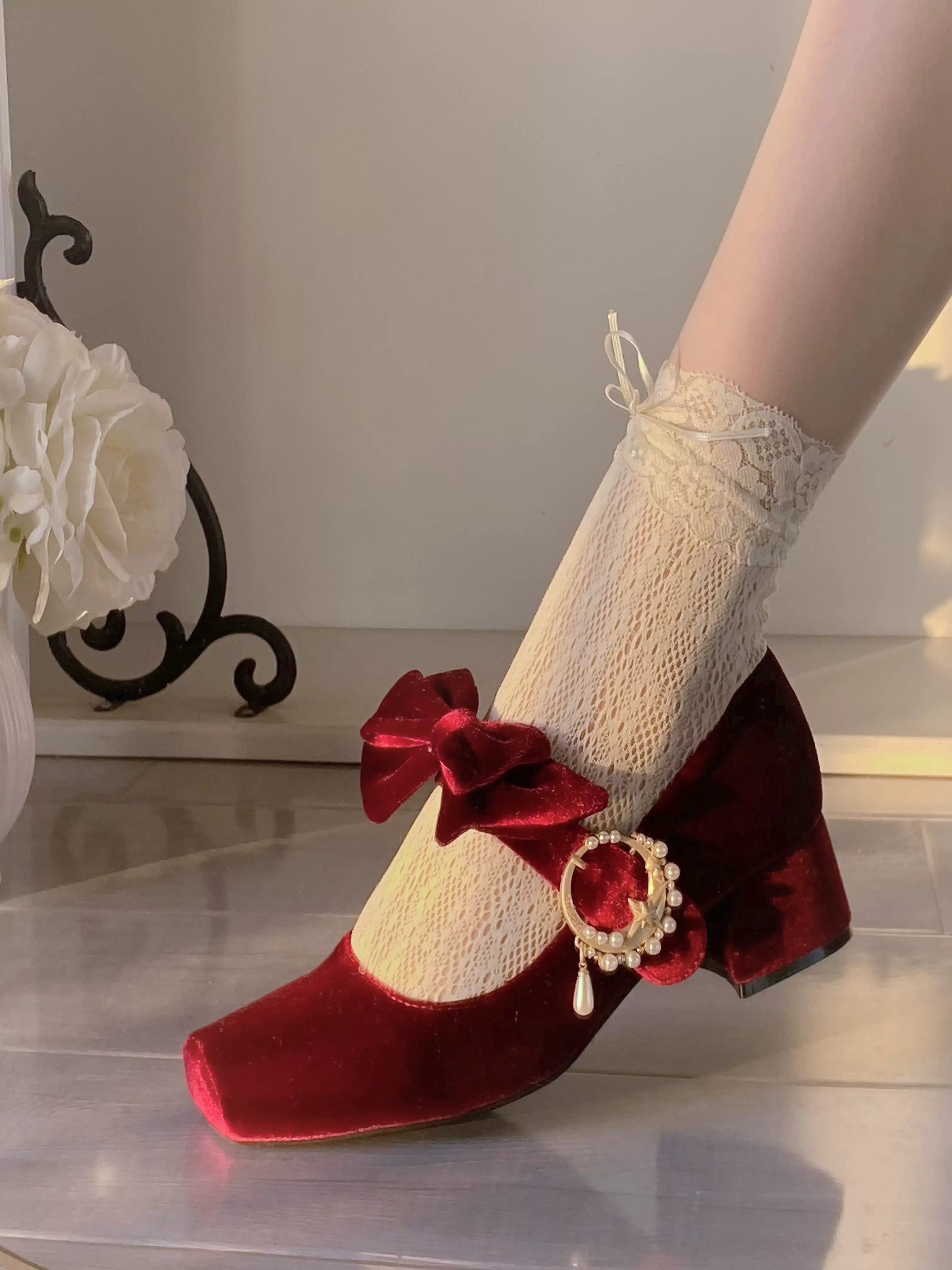 Pure tea for dream~Angel Velvet~Sweet Lolita Shoes Mid-heel Velvet Shoes 32816:394094