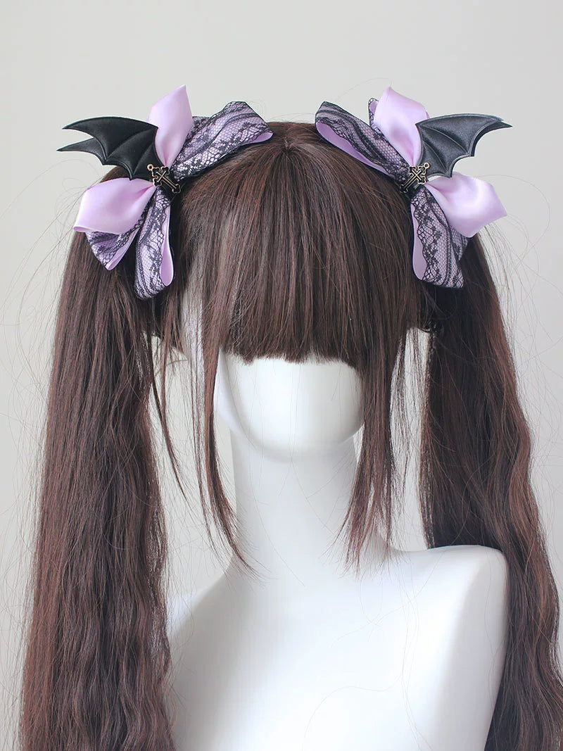 Gothic Lolita Hair Clips, Cross & Devil Wings Light Purple (Kuromi Color Palette)