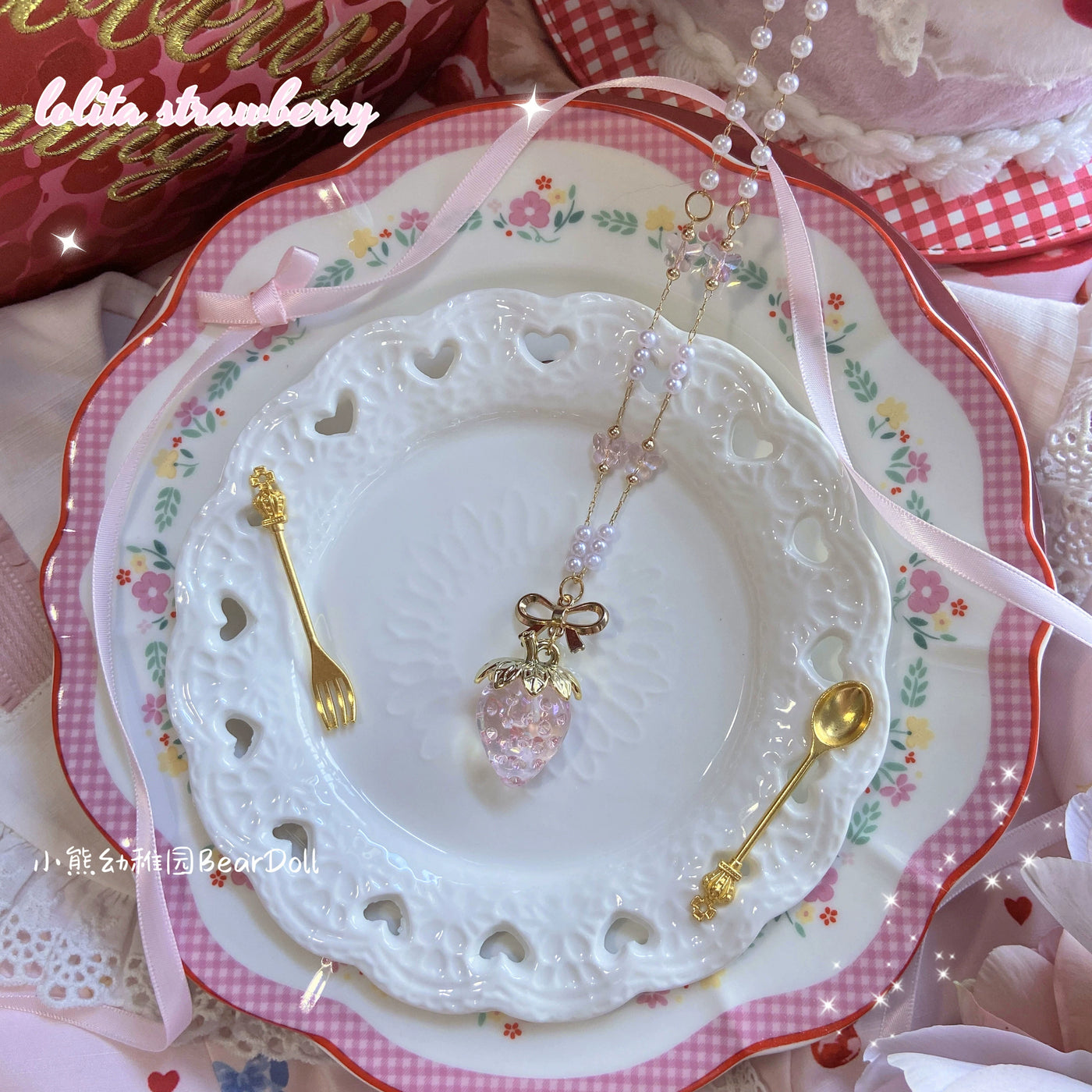 Bear Doll~Sweet Lolita Necklace Strawberry Charlotte Necklace Pink strawberry  