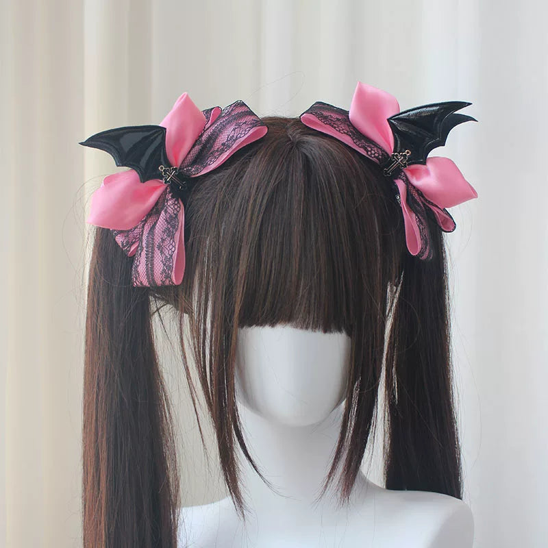 Gothic Lolita Hair Clips, Cross & Devil Wings Dark Pink