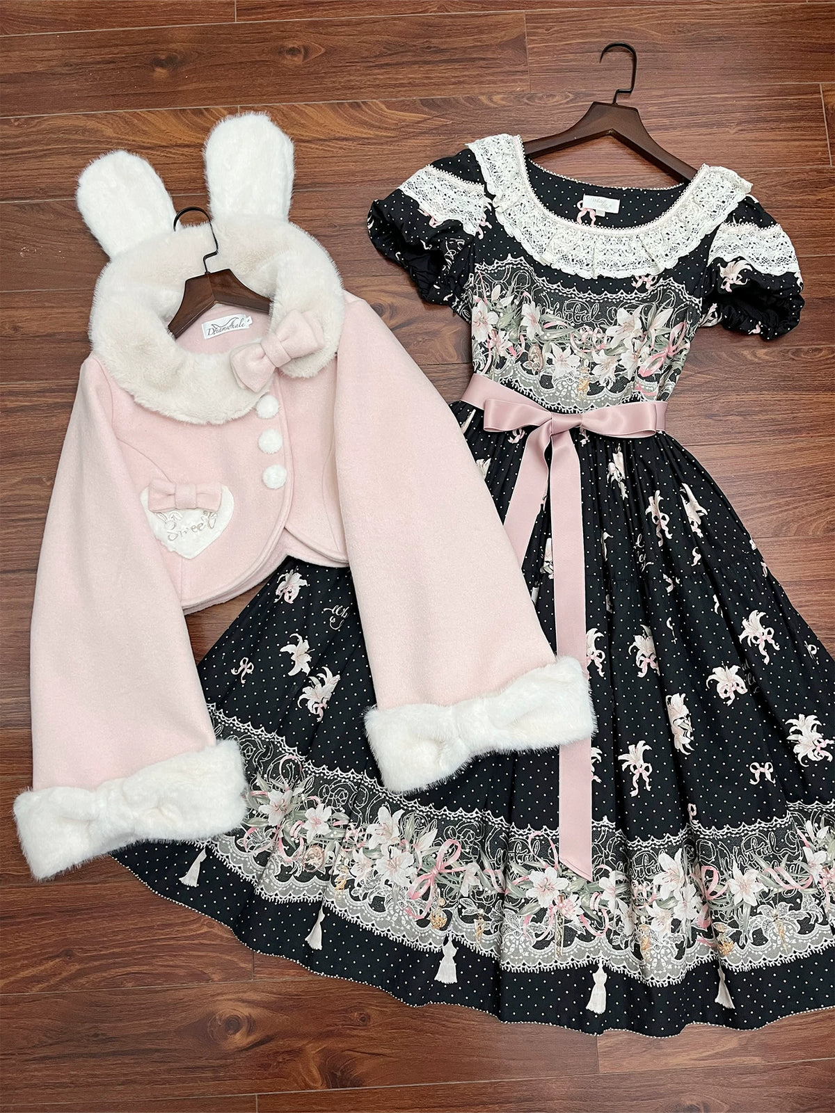 Rabbit Heart Knot - Sweet Lolita Winter Short Coat, Detachable Bunny-Ear Collar 45891:866918