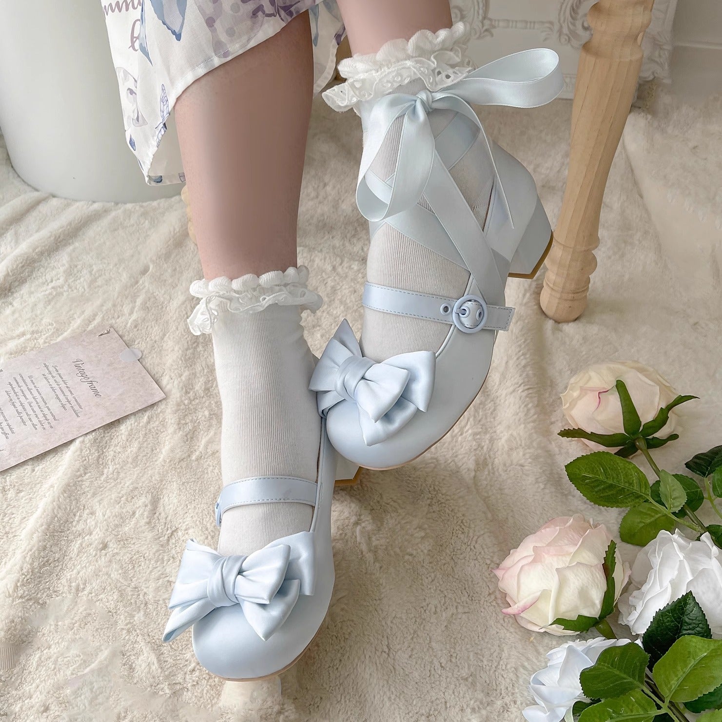 MODO~Sissi~Sweet Lolita Shoes Satin Low Chunky Heels with Bow 42594:745892