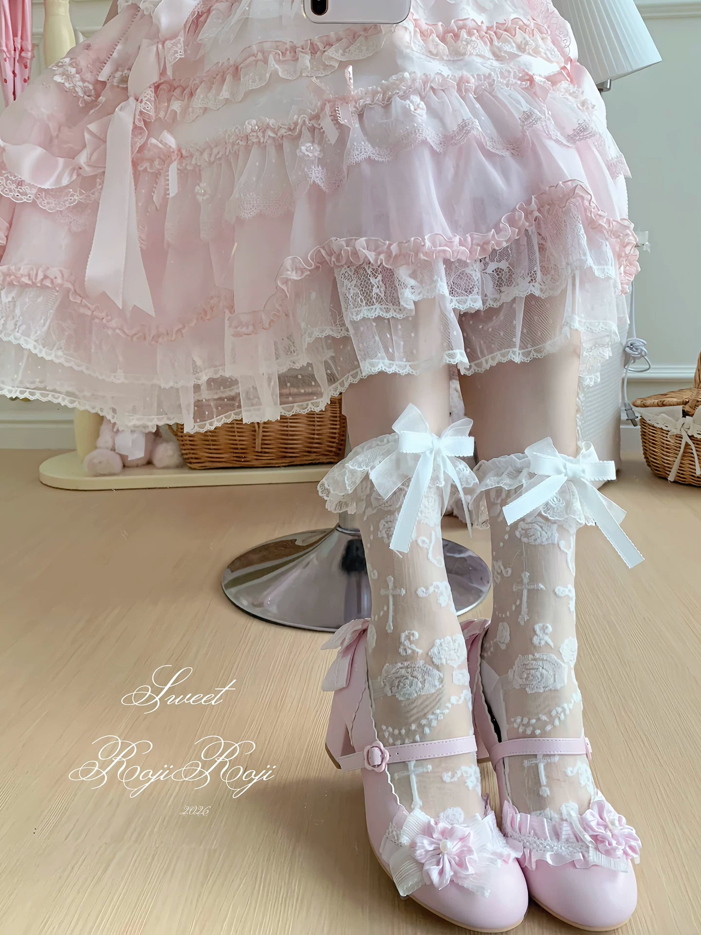 Summer Sweet Lolita Rose Jacquard Bow Socks 45682:858149