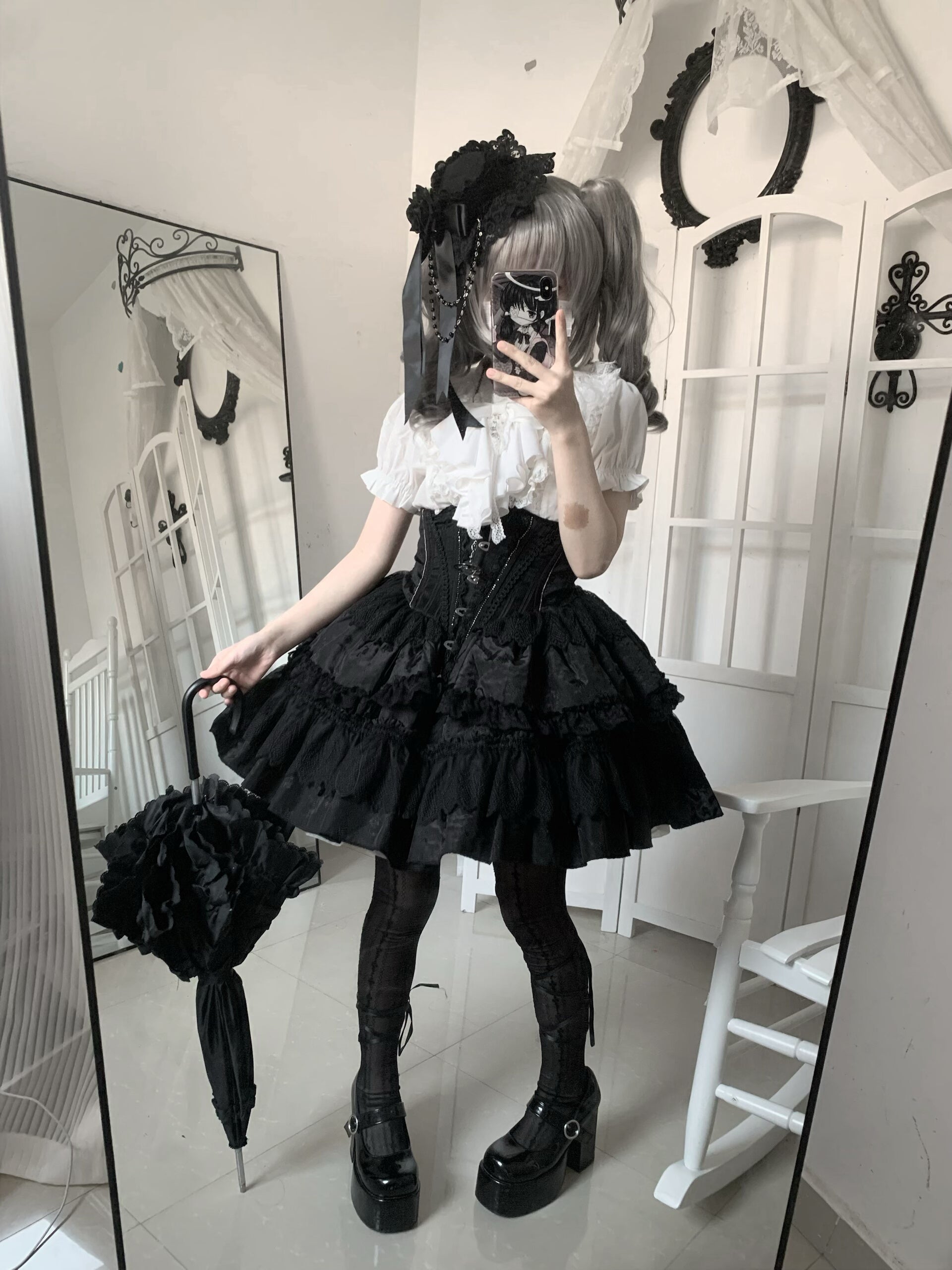 Eclipse Night - Gothic Lolita Shirt Set, Boning Corset Skirt 44391:807294