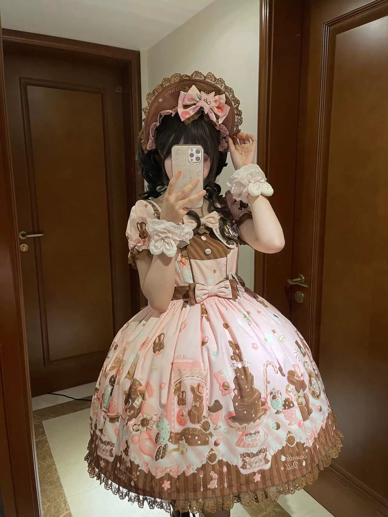 Chocolate Bunny - Printed Kawaii Lolita JSK, Short-sleeved Dress 44614:814873