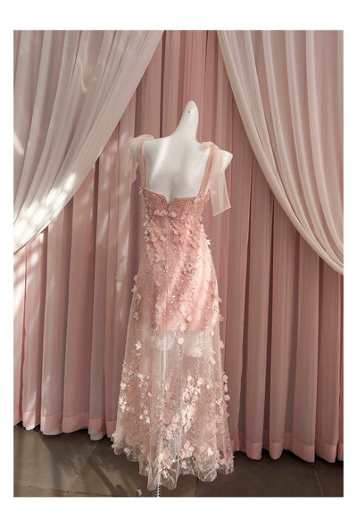 Anna~French Pink Lolita JSK Dress Square Neck Sequin Floral Lolita Dress   