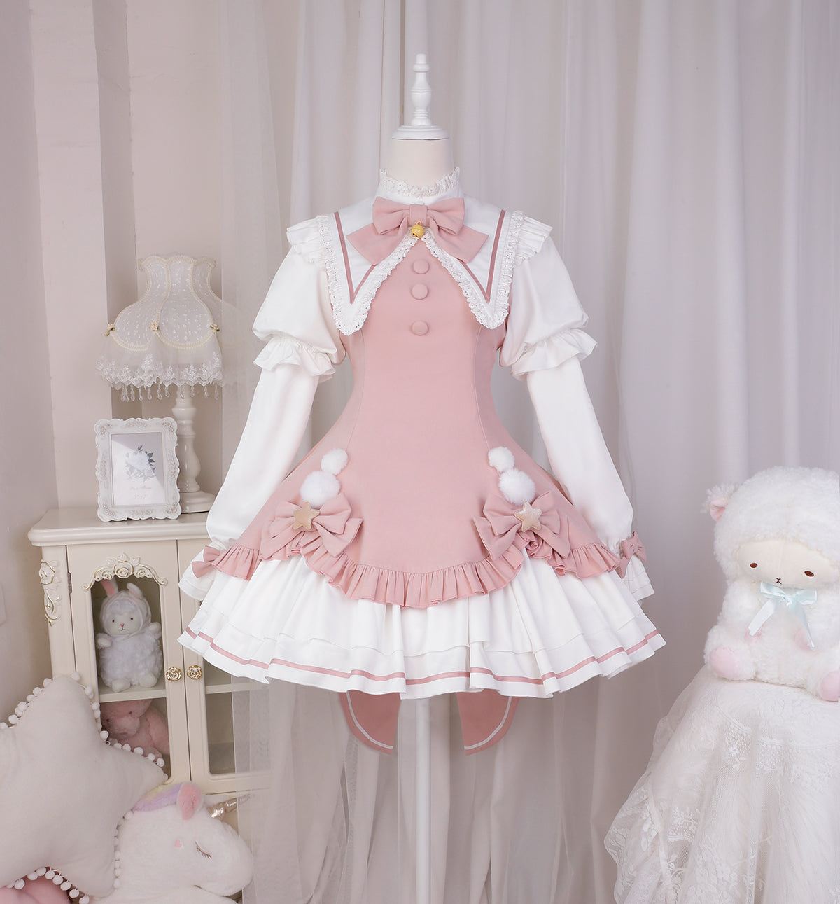 Your princess~Magic Girl~Sweet Lolita Long Sleeve OP Christmas S pink long-sleeved dress + bow at the back 