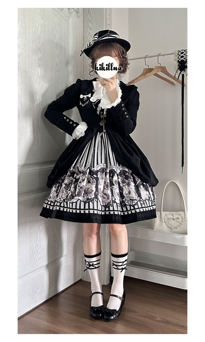 (Buyforme)Little Bear~Gothic Lolita Black and White Striped JSK Set   