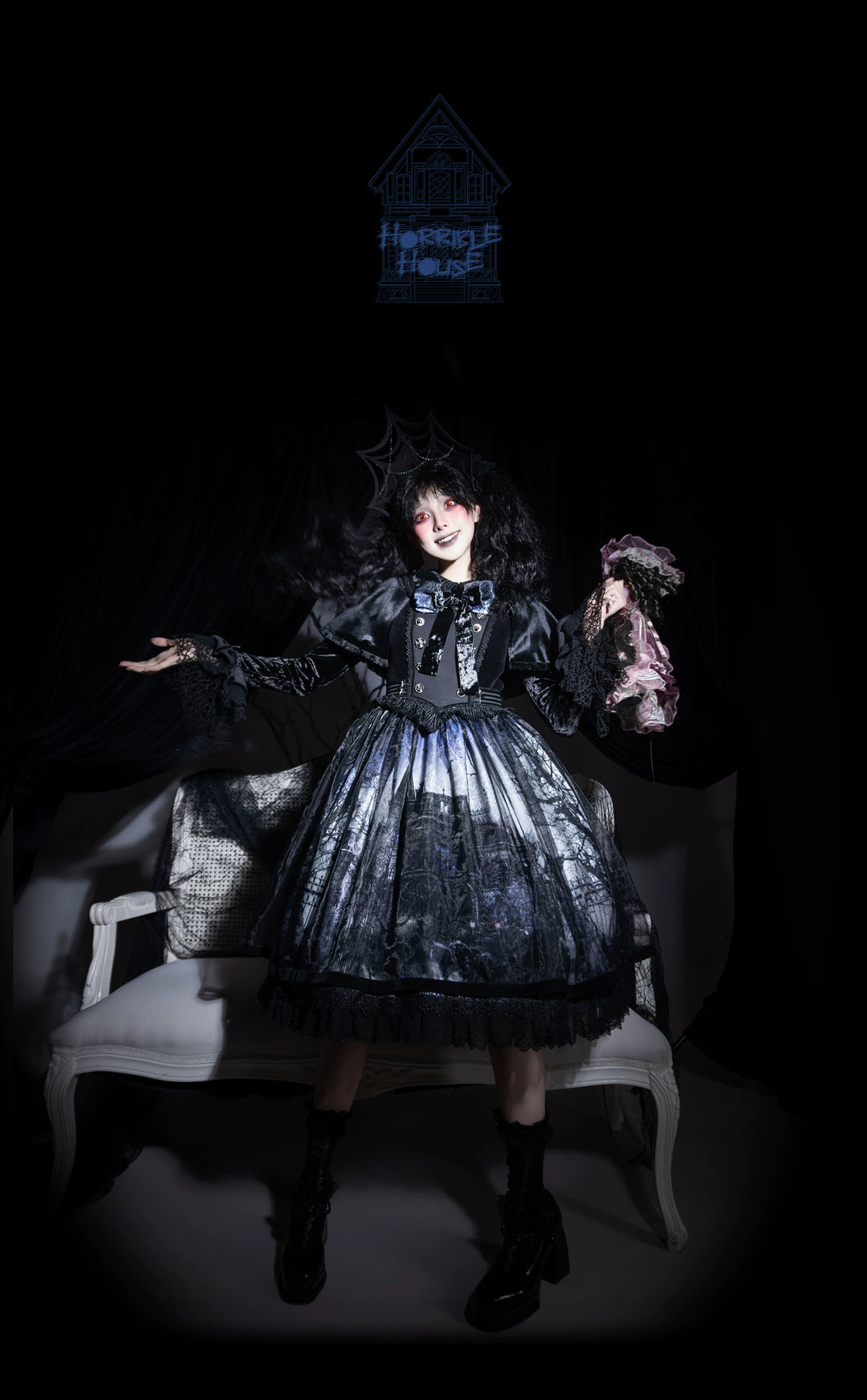 LilithHouse~Horror House~Gothic Lolita OP Set with Cape and Castle Print