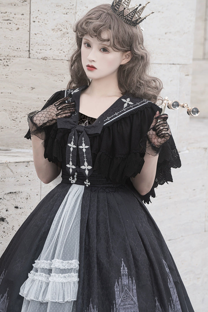 Cornfield Lolita~Silent Church~Gothic Lolita JSK Front Open Printed Dress and Thin Cardigan Set   