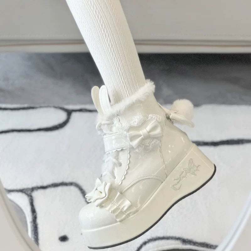 Bunny Tail - Fuzzy Kawaii Lolita Snow Boots, Detachable Plush Bow 44447:808606