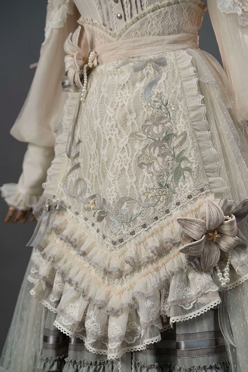 (BFM)Fantastic Wind~Leno Lily~Elegant Lolita JSK Dress Full Set Embroidered PH Style S Gray-Apron 