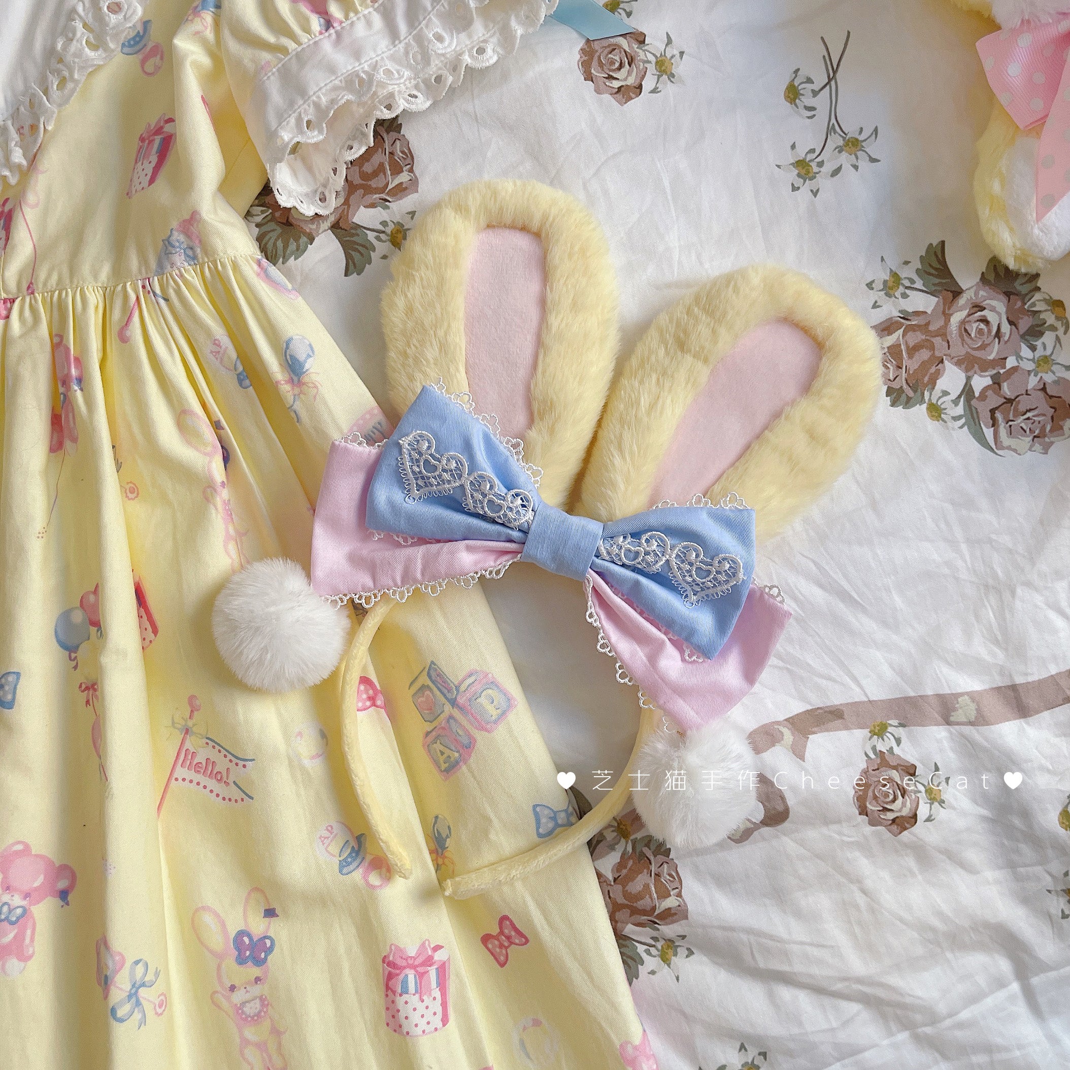 Cheese Cat - Cute and Fluffy Rabbit Ear Lolita KC milk yellow rabbit ear* pink blue bow kc