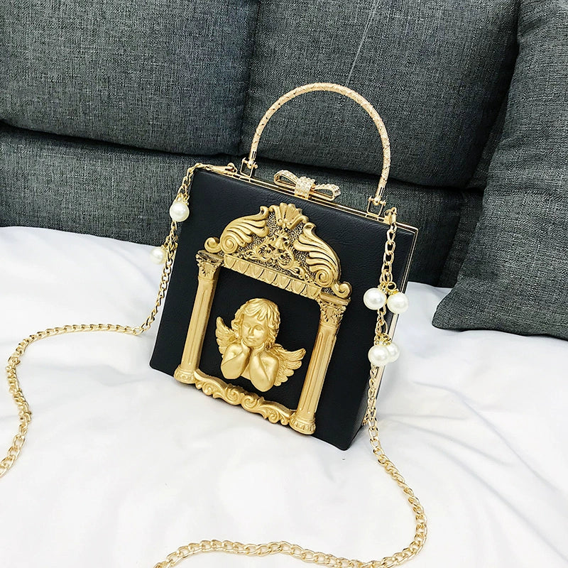 Prime Sister - Gothic Lolita Retro Bag Baroque Square Crossbody Bag Black (Angel Pattern)