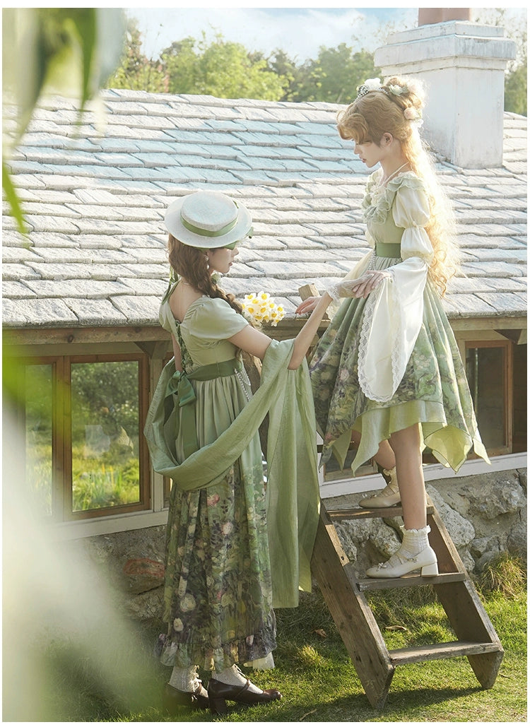With PUJI~Blooming Rose~Chiffon Classic Lolita Dress Set Painting Styled OP & JSK 42925:758693