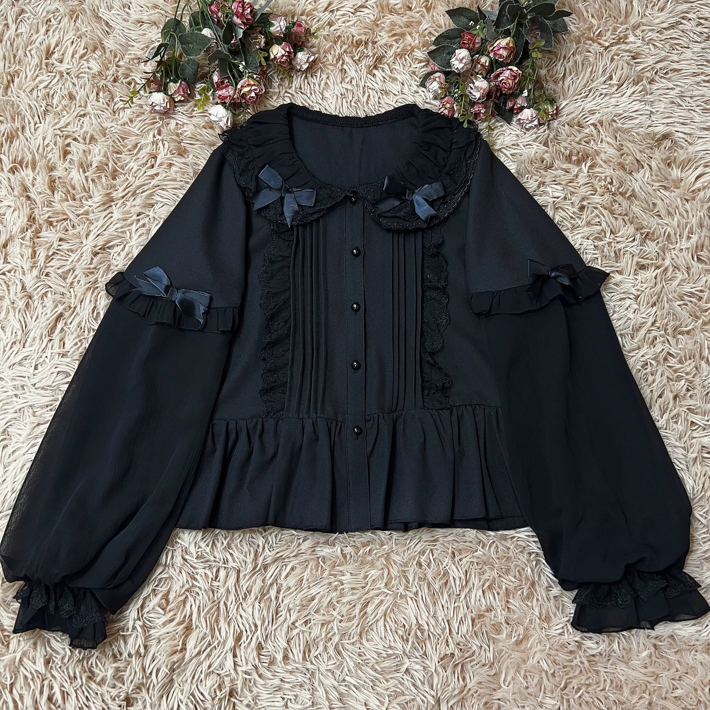 DMFS Lolita - Sweet Lolita Blouse Double-layered Puff Sleeves Lolita Shirt S Black