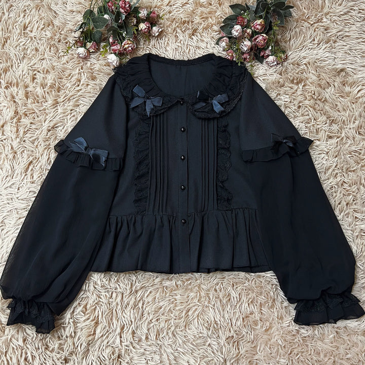 DMFS Lolita~Sweet Lolita Blouse Double-layered Puff Sleeves Lolita Shirt (2XL L M S XL / Black) 34102:669292