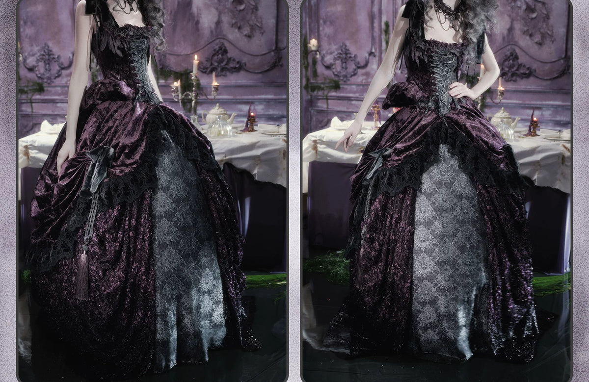Undead's Gift - Halloween Gothic Lolita Draped Panel Skirt Set, 3D floral lace
