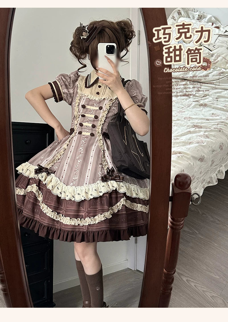 Chocolate Cone - Kawaii Lolita Dessert Print OP Dress, Detachable Sash Set 45782:862678