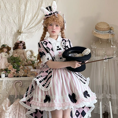 Sakurahime~Werid Theatre~Sweet Lolita Blackpink Stripe OP S black-pink OP with a back bow 