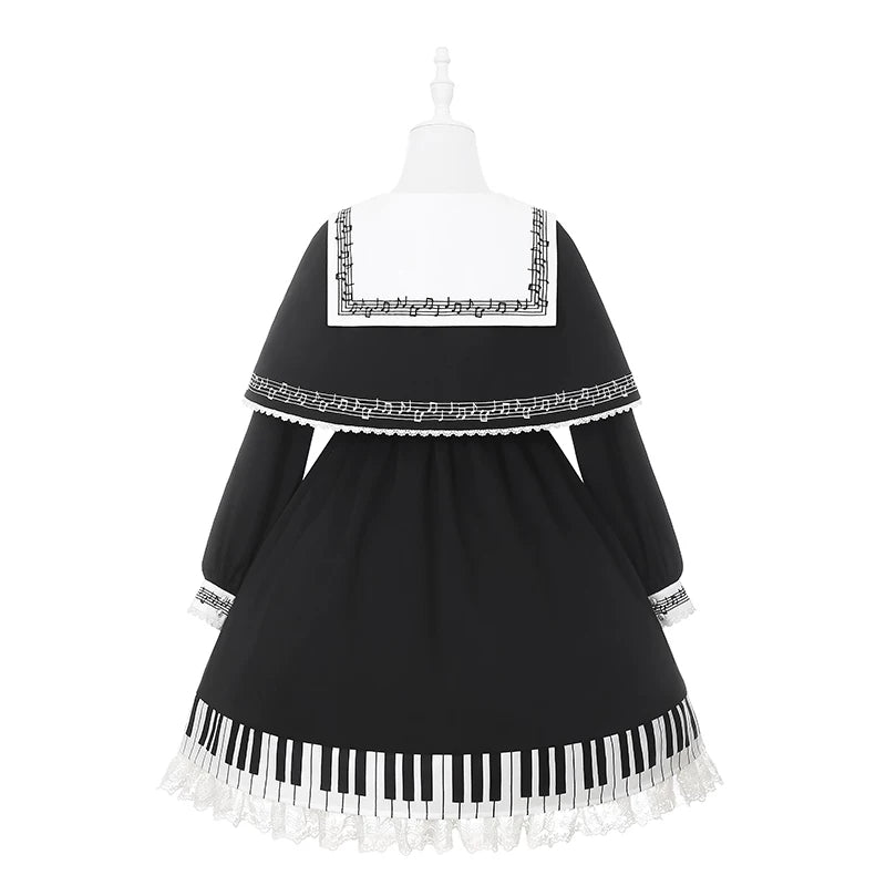 Piano Serenade - Old School Lolita Cape Layered Dress, Musical Note Embroidery 45785:862512