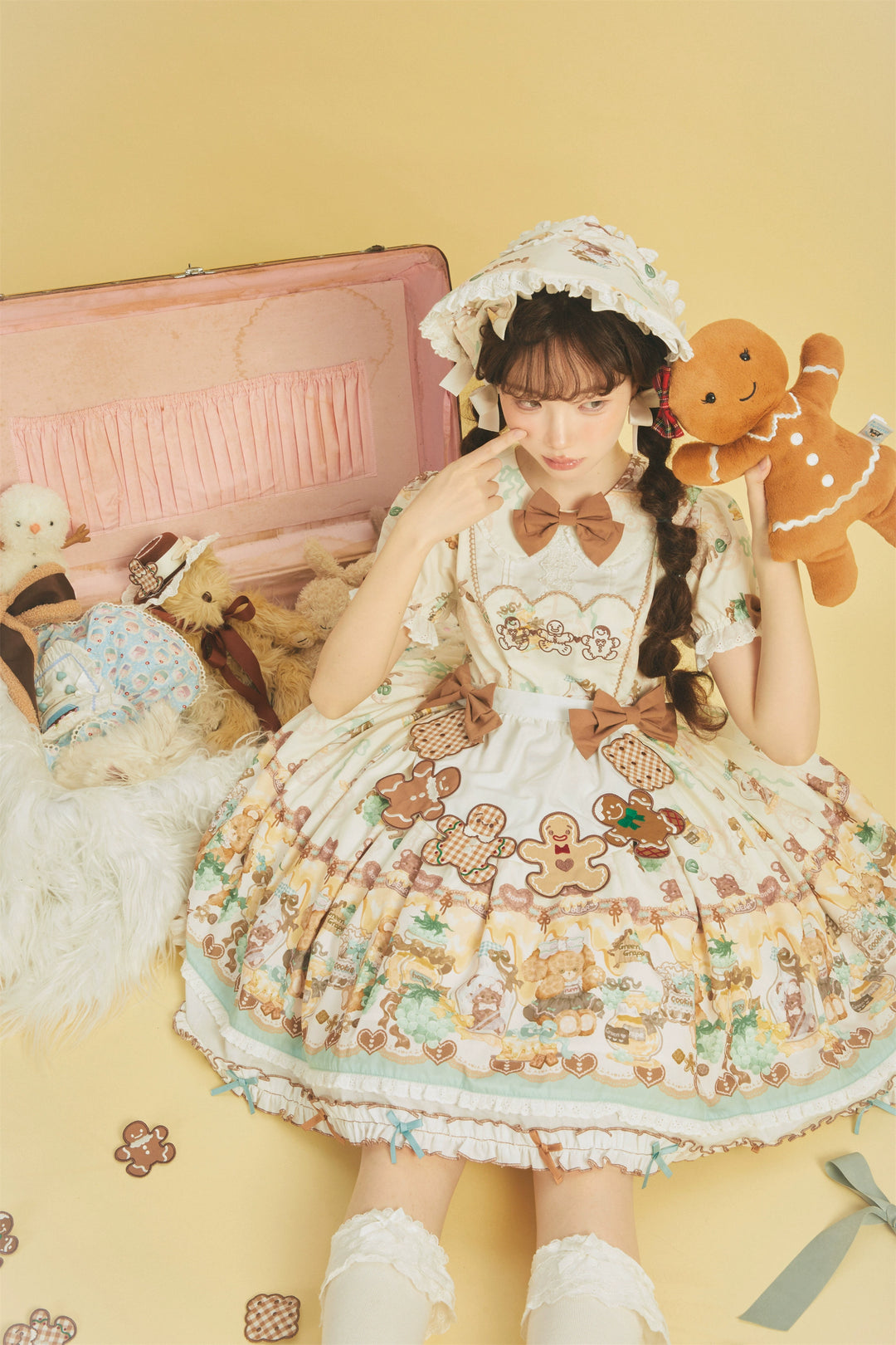 Babyblue~Little Bear Honey Jar~Kawaii Lolita Short Sleeve OP Gingerbread Man Embroidered Dress   