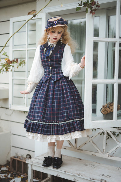 (BFM)Miss Point~Rose~Elegant Lolita Pliad Print Vest Customized custoimzed size drak navy blue 