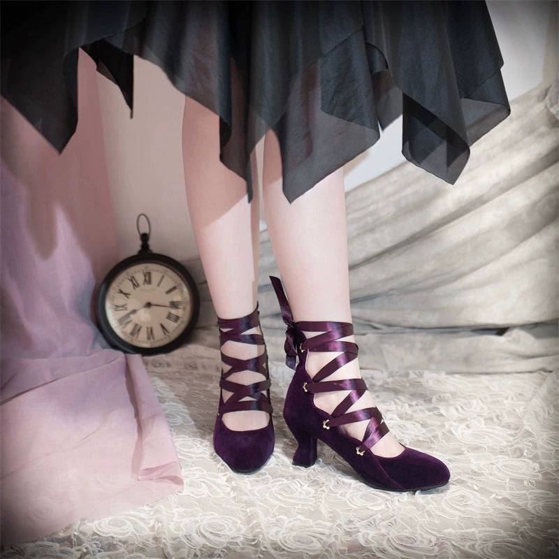 MR.Qiutian - Forbidden Dance - Elegant Lolita Velvet Shoes, Adjustable Lace-Up Straps