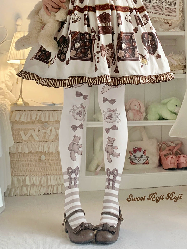 Roji Roji~Cradle Time~Sweet Lolita Velvet Pantyhose Japan Style Printed Tights Brown F(Fit Height: 150-175cm)