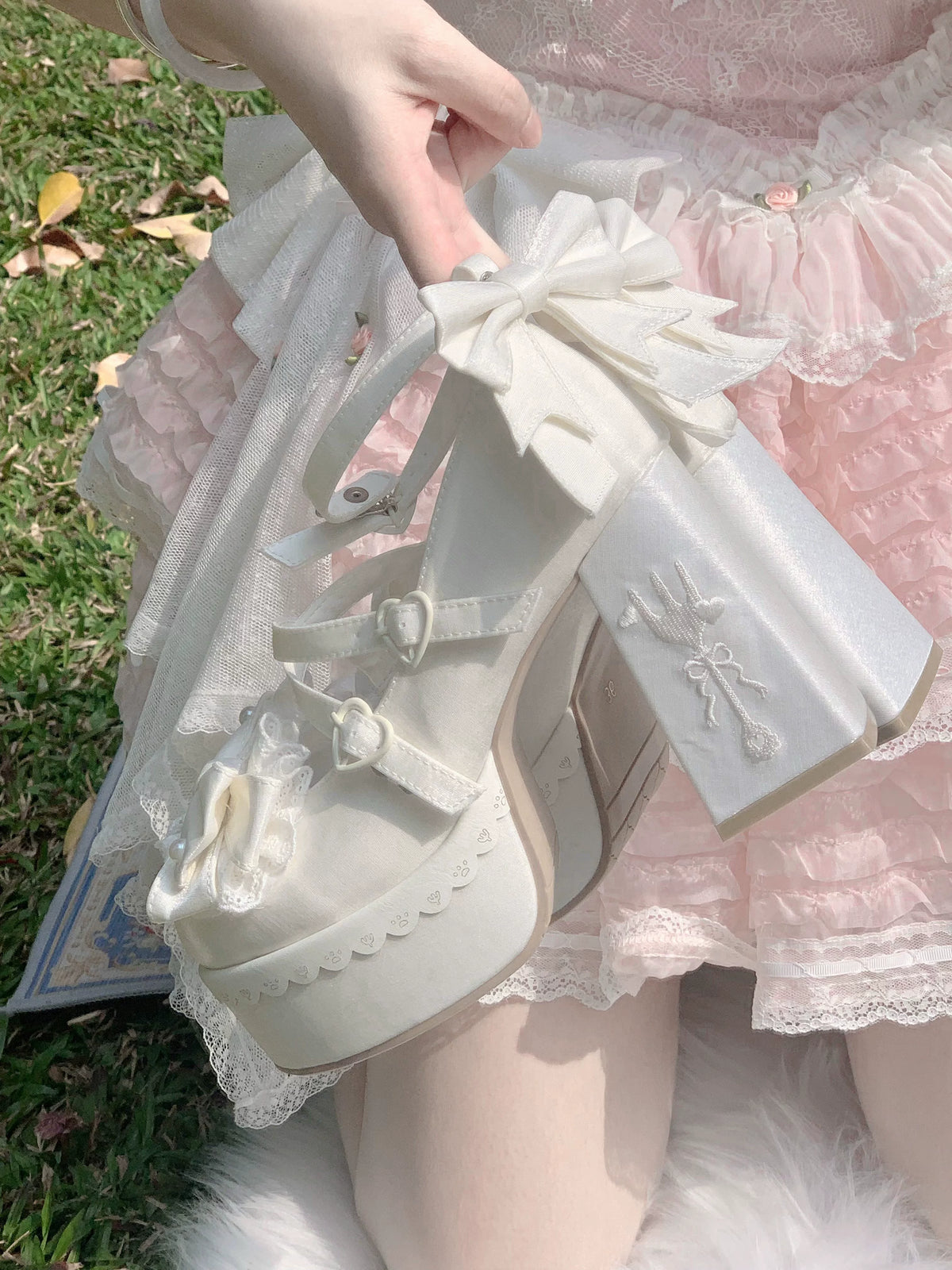 Tea Party Tale - Sweet Lolita Platform Heels, Bow Strap & Fork Embroidery 45905:867652