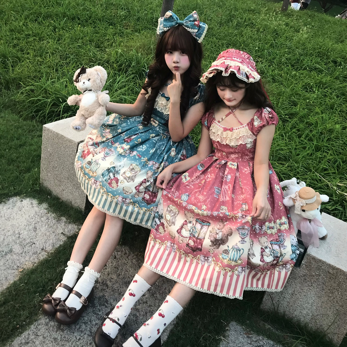 Popcorn Bear - Sweet Lolita OP Dress Set, Bear Tea Party Print 45994:871423