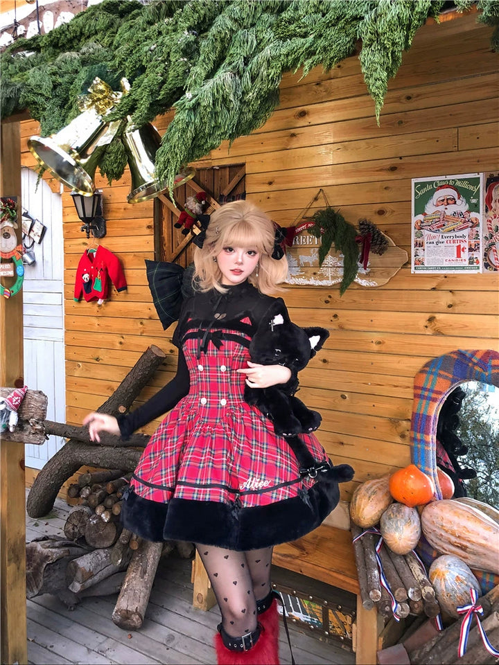 To Alice~Black Cat and Miss~Christmas Sweet Lolita Plaid Dress with Hooded Cape