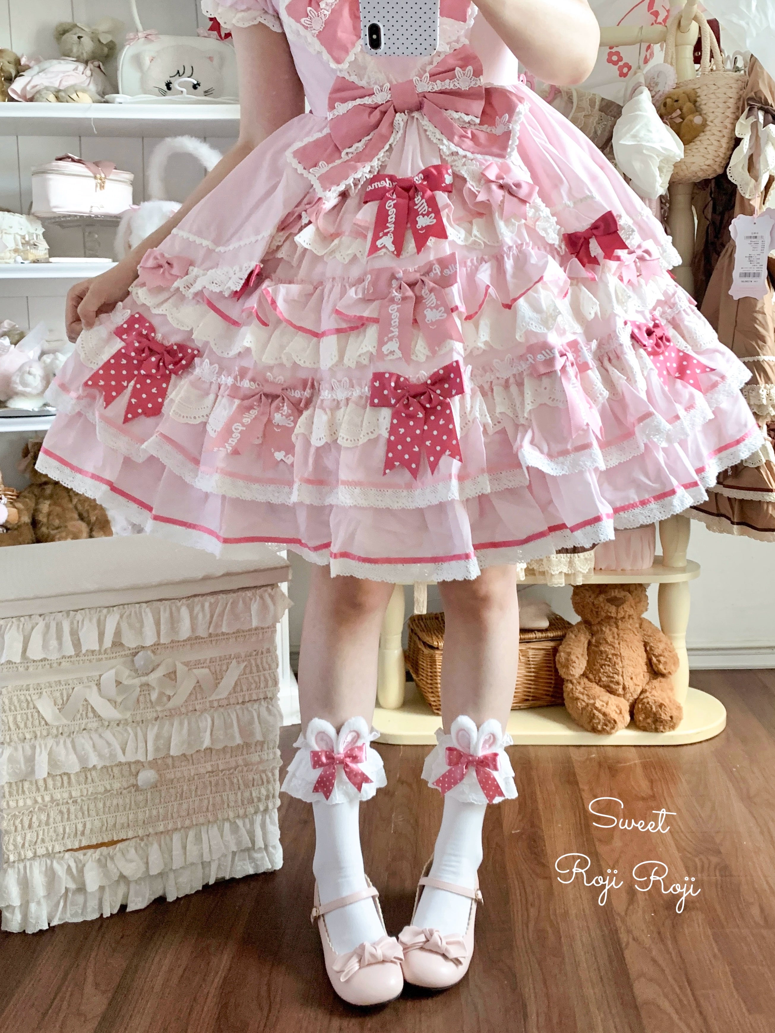 Roji Roji - Sweet Lolita Cotton Socks, Bunny Ear & Ribbon Bow 44135:796835