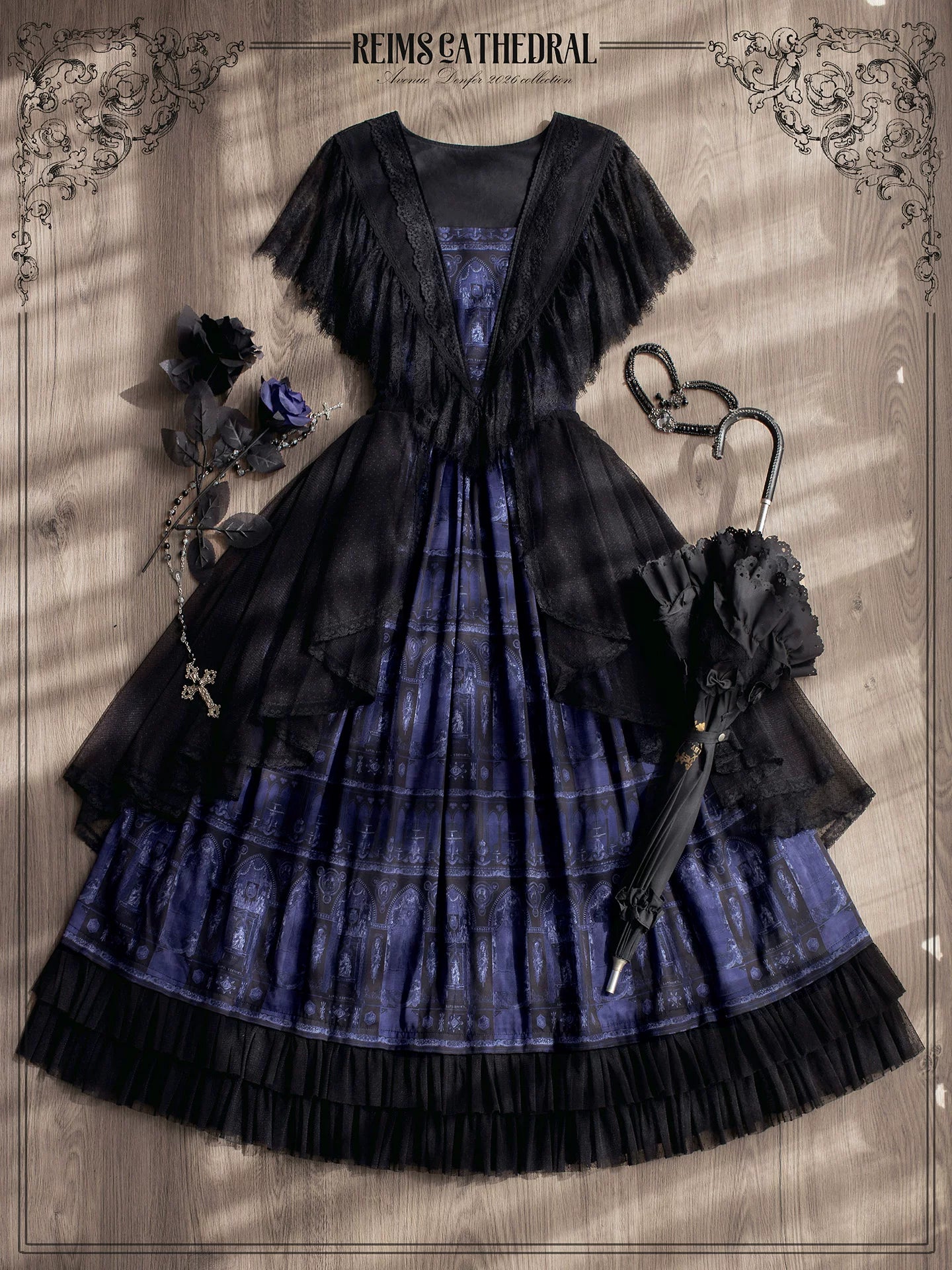 Reims Cathedral - Printed Classic Lolita Dress, Detachable Gauze Outlayer 44701:819141