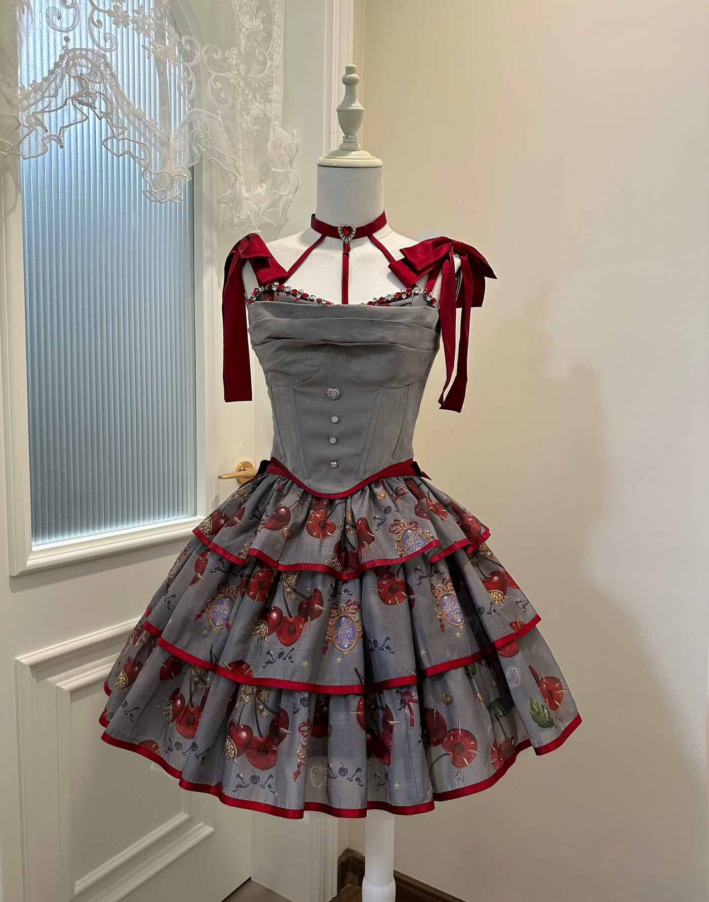 (Buy for me)Gloaming~Sweet Lolita Cherry print Short Sleeve OP and SK Set S Gray SK skirt 