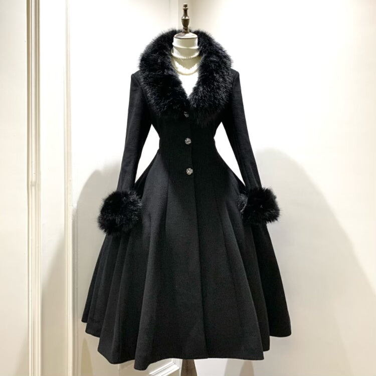 Black Mamba - Winter Elegant Lolita Coat, Detachable Fur Collar Black Wool Coat (coat + fur collar + fur cuffs + waist tie) XS
