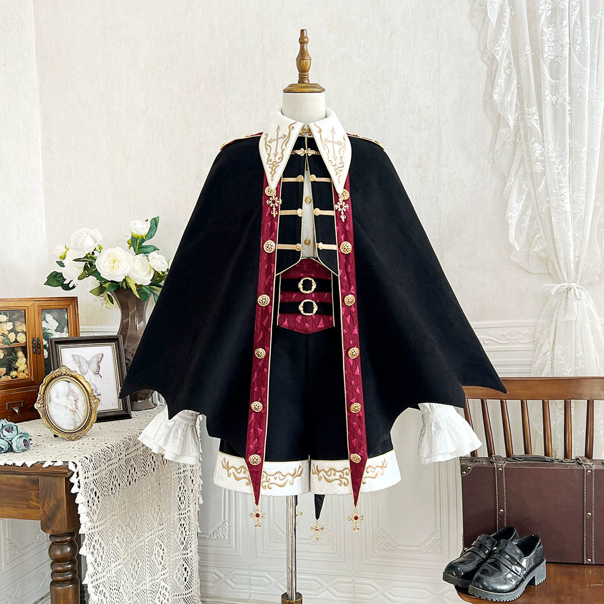 Your Princess - Vampire Youth - Ouji Lolita Bat Shaped Cape Set, Gold Embroidery & Red Accents 44054:795341