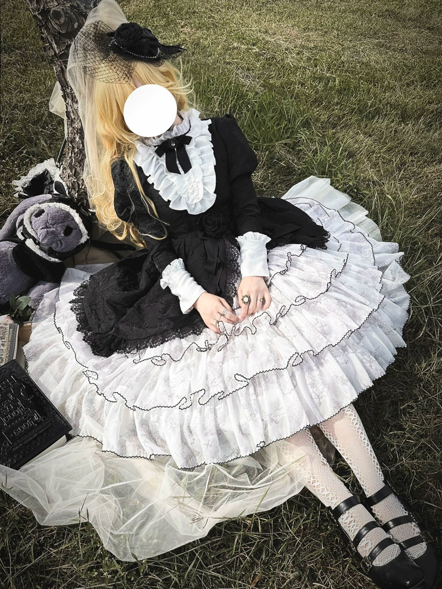 Buling Moon~Vintage Elegant Lolita OP Dress Black White Dress   