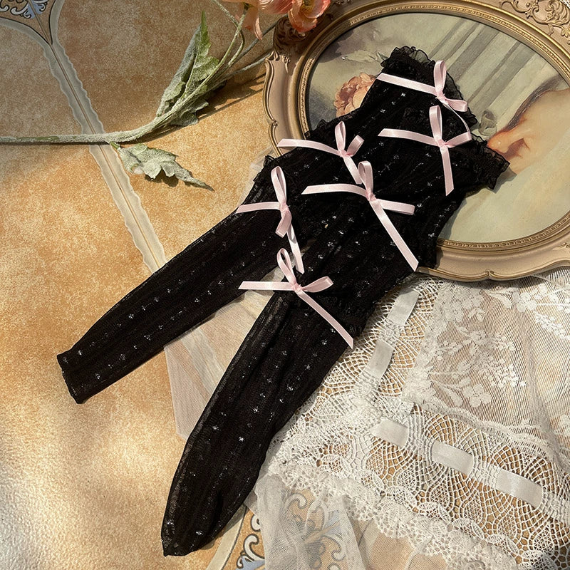 WAGUIR~Sweet Lolita Mid-Calf Socks 3-Layer Lace Mesh Fairy Thin Socks Free size Black socks with pink bow 