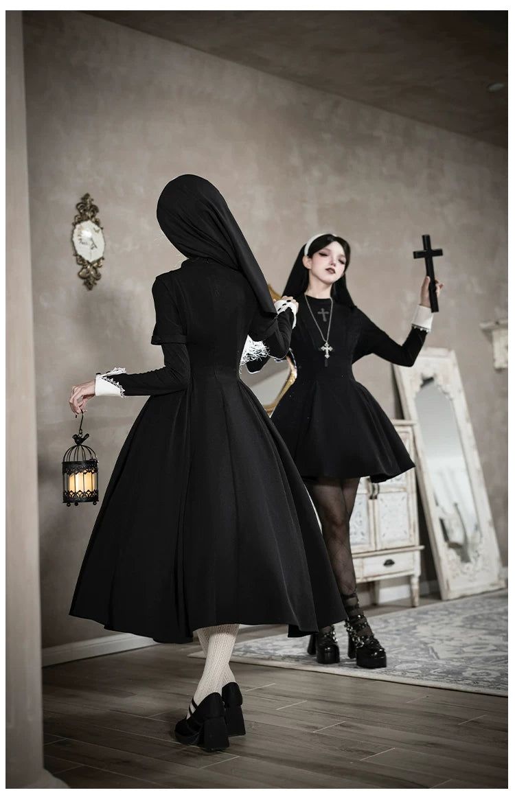 Nihil - Gothic Nun Lolita OP Dress, Irregular Hem Cape